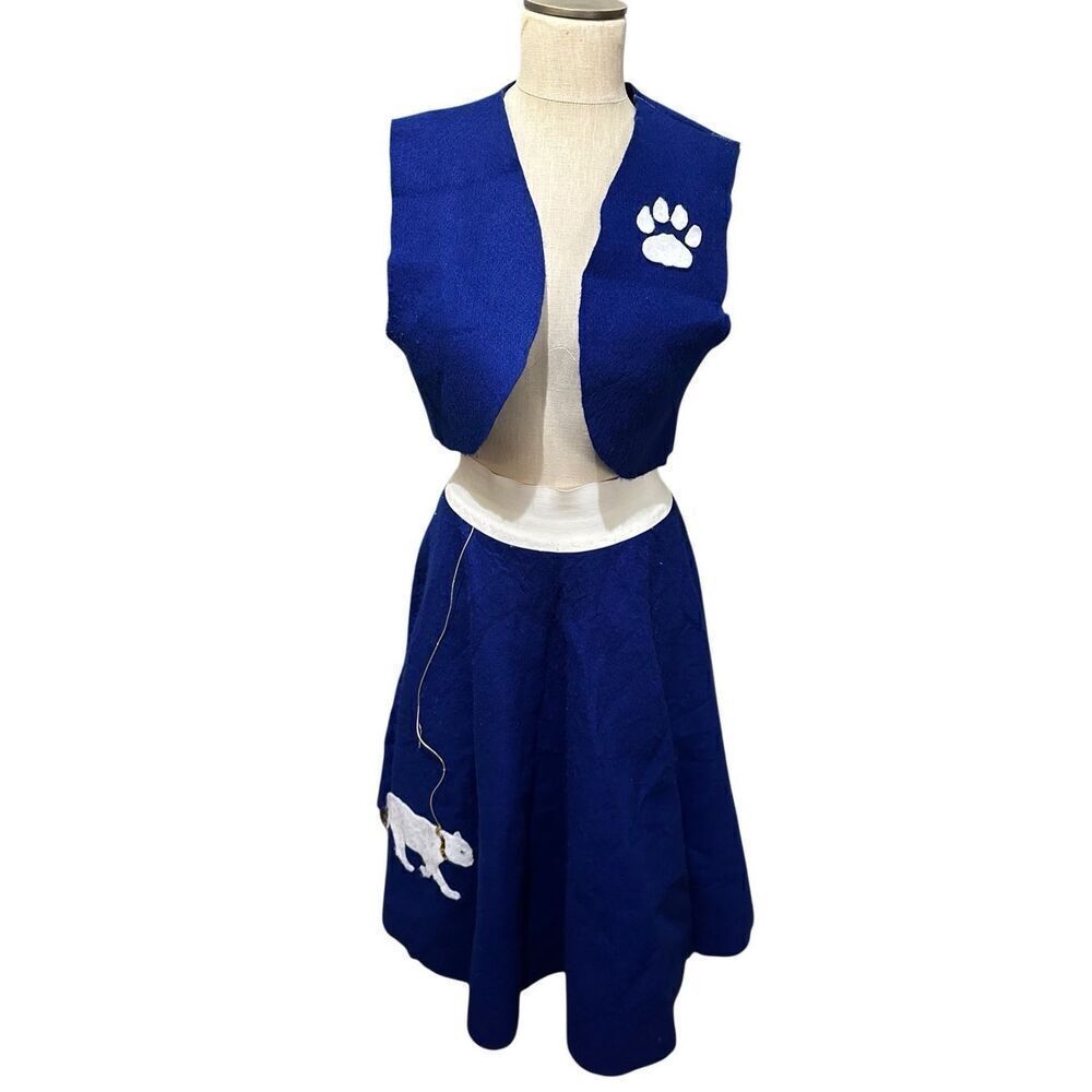 Vintage Handmade Womens Blue Felt Poodle Cat Skirt and Vest Set Retro Sz Medium